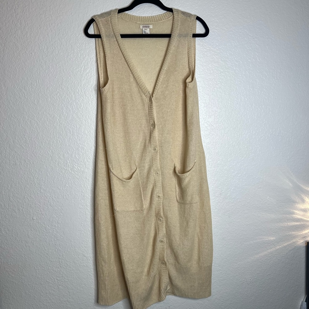 Sundance Button Up Knit Cream Long Leinen Vest Small